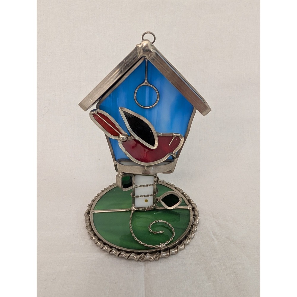Hand Crafted Stain Glass Bird Birdhouse Figurine Paperweight Decor Cottagecore